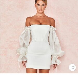 CUTE OFF SHOULDER PUFF SLEEVE BODYCON PARTY MINI DRESS - WHITE